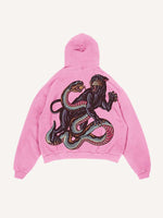 Distressed Washed Tiger&Snake&Panther Print Slant Pockets Hoodie