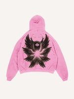 Distressed Washed Wing&Eye&Graphic Print Slant Pockets Hoodie