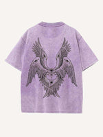 Distressed Washed Wing&Eye&Graphic Print Round Neck T-shirt