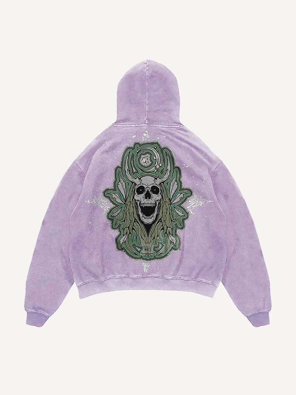 Distressed Washed Skull Faux Decal Print Slant Pockets Hoodie