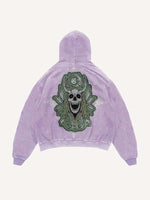Distressed Washed Skull Faux Decal Print Slant Pockets Hoodie