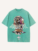 Distressed Washed Figure&Cross Print Round Neck T-shirt