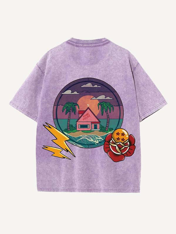 Distressed Washed Dragon&House&Graphic Print Round Neck T-shirt