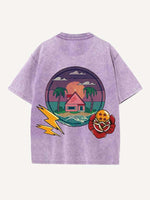 Distressed Washed Dragon&House&Graphic Print Round Neck T-shirt