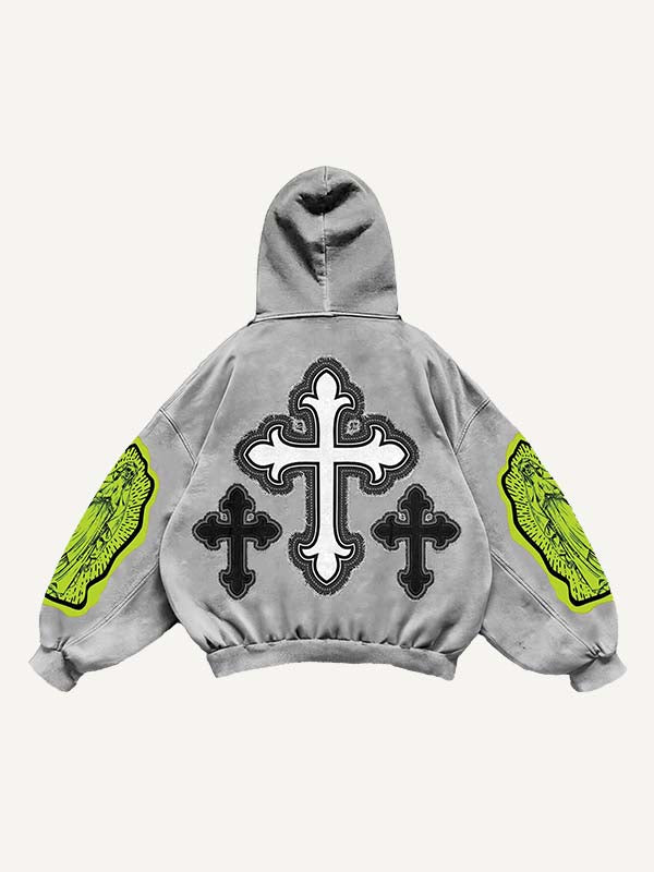 Figure&Pray&Cross Faux Decal Print Slant Pockets Hoodie