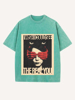 Distressed Washed Figure&Letter Print Round Neck T-shirt