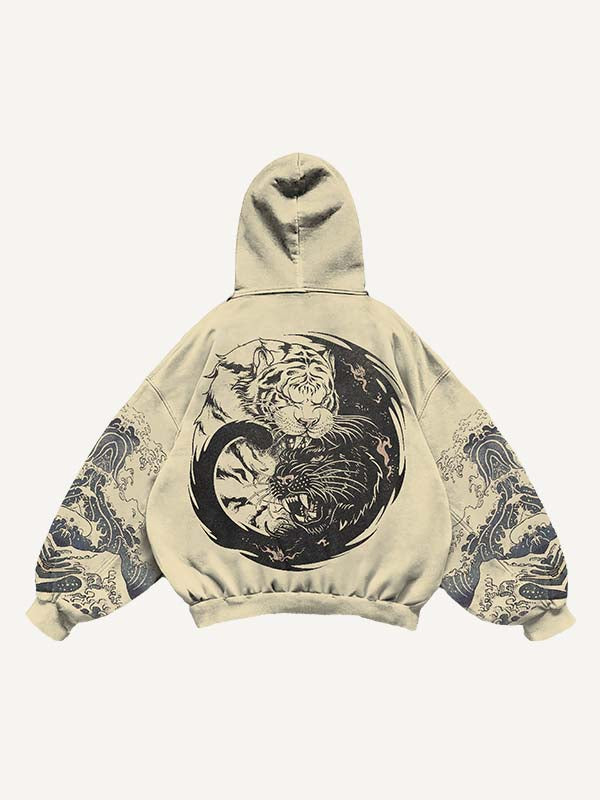 Black Panther&Tiger&Graphic Print Slant Pockets Hoodie