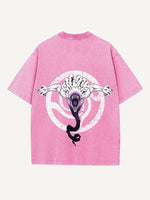 Distressed Washed Figure&Sword&Monsters&Letter Print Round Neck T-shirt