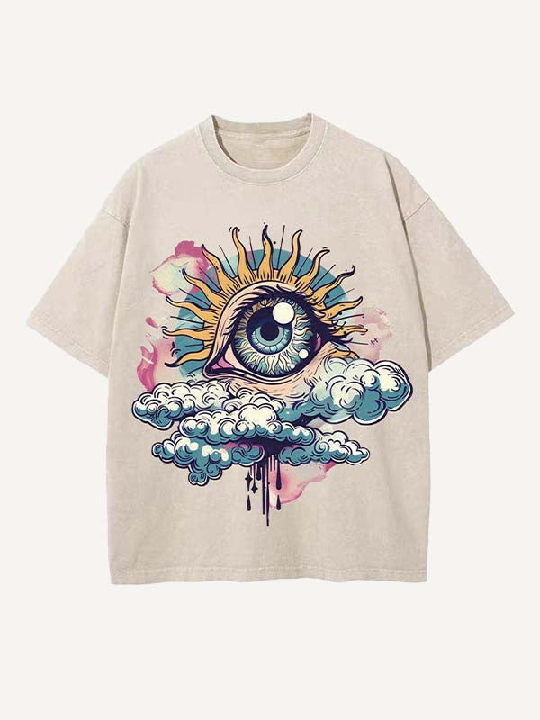 Distressed Washed Eye&Cloud Print Round Neck T-shirt