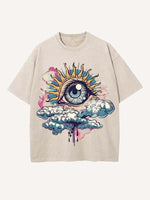 Distressed Washed Eye&Cloud Print Round Neck T-shirt