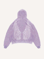Distressed Washed Demon&Wing&Letter Faux Rhinestones Print Slant Pockets Hoodie