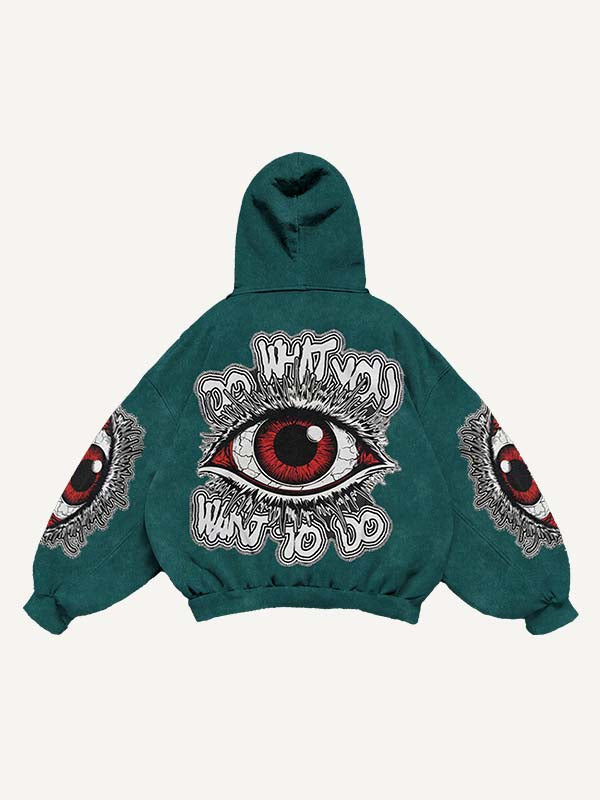 Figure&Eye&Letter Faux Decal Print Slant Pockets Hoodie