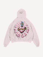 Distressed Washed Pray&Letter&Heart&Palm Print Slant Pockets Hoodie