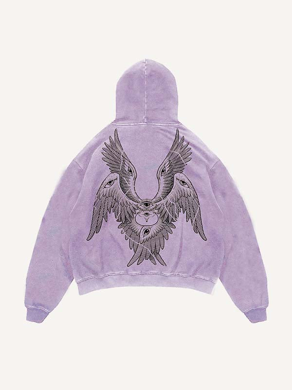 Distressed Washed Wing&Eye&Graphic Print Slant Pockets Hoodie