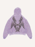 Distressed Washed Wing&Eye&Graphic Print Slant Pockets Hoodie