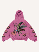 Cupid&Heart Print Slant Pockets Hoodie