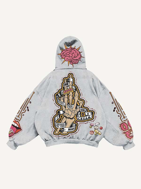 Skeleton Injection Medicine&Letter Faux Decal Print Slant Pockets Hoodie