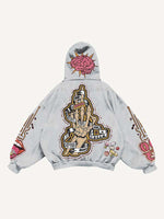 Skeleton Injection Medicine&Letter Faux Decal Print Slant Pockets Hoodie