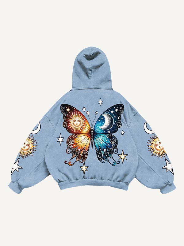 Butterfly&Sun&Moon&Graphic Print Slant Pockets Hoodie