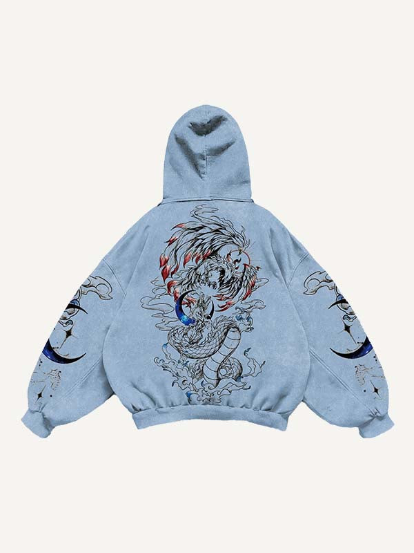 Tiger&Dragon&Phoenix&Sun&Moon Print Slant Pockets Hoodie