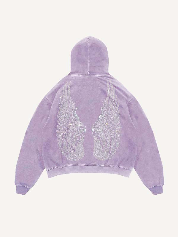Distressed Washed Wing&Cross Faux Rhinestones Print Slant Pockets Hoodie