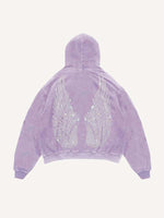 Distressed Washed Wing&Cross Faux Rhinestones Print Slant Pockets Hoodie