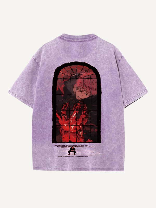 Distressed Washed Figure&Graphic&Fire Print Round Neck T-shirt