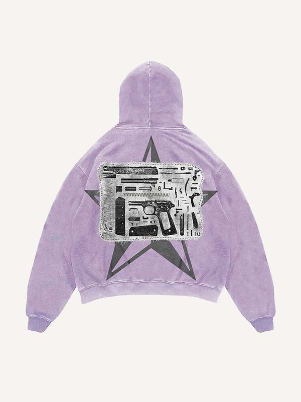 Distressed Washed Pistol&Letter Faux Decal Print Slant Pockets Hoodie
