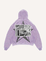 Distressed Washed Pistol&Letter Faux Decal Print Slant Pockets Hoodie