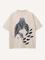 Distressed Washed Figure&Eye&Fire&Graphic Print Round Neck T-shirt