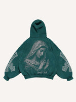 Mary&Pray&Cross&Letter Faux Rhinestones Print Slant Pockets Hoodie