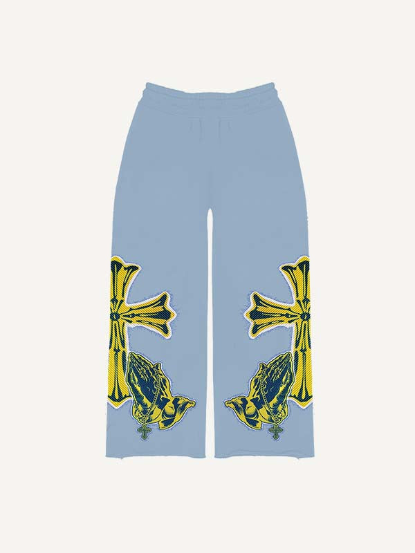 Figure&Pray&Cross Faux Decal Print Elastic Waist Pants