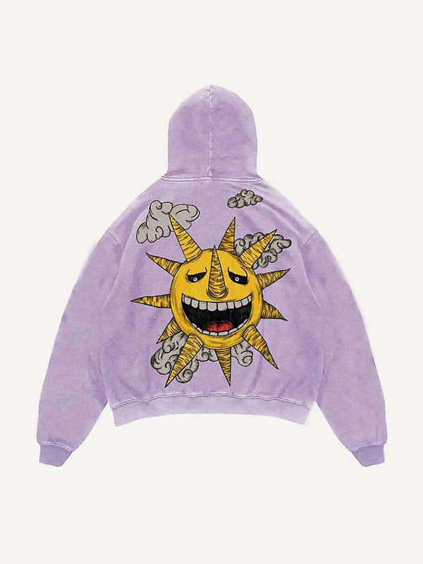 Distressed Washed Evil Moon&Sun&Star&Cloud Print Slant Pockets Hoodie