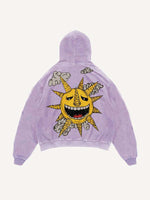 Distressed Washed Evil Moon&Sun&Star&Cloud Print Slant Pockets Hoodie