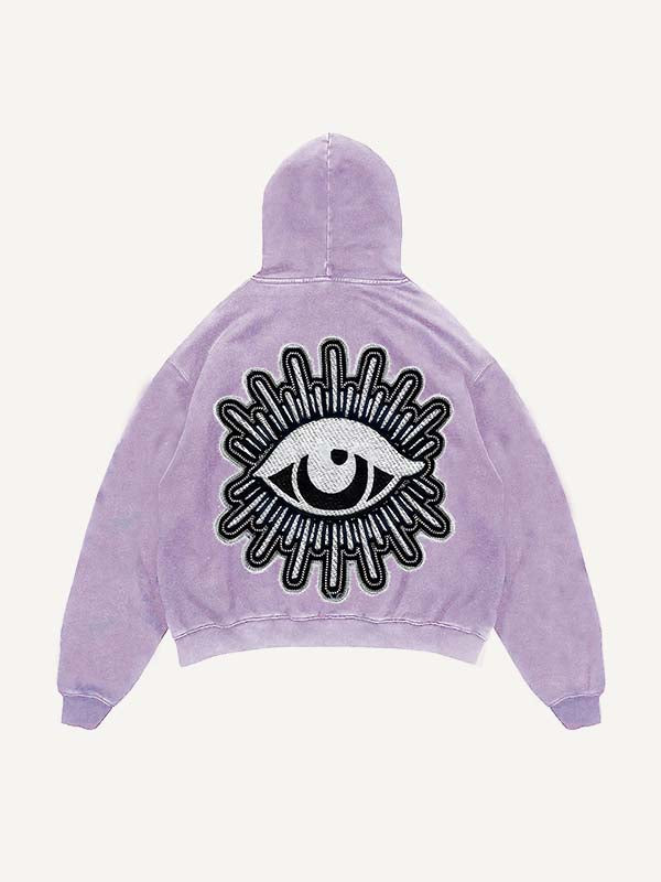 Distressed Washed Moon&Star&Eye Faux Decal Print Slant Pockets Hoodie