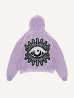 Distressed Washed Moon&Star&Eye Faux Decal Print Slant Pockets Hoodie