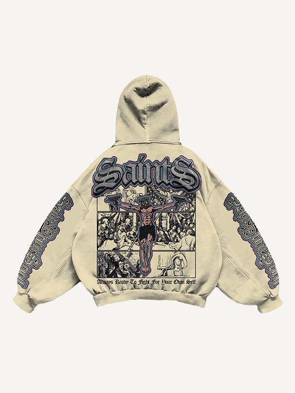 Figure&Gun&Letter Faux Decal Print Slant Pockets Hoodie