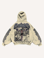 Figure&Gun&Letter Faux Decal Print Slant Pockets Hoodie