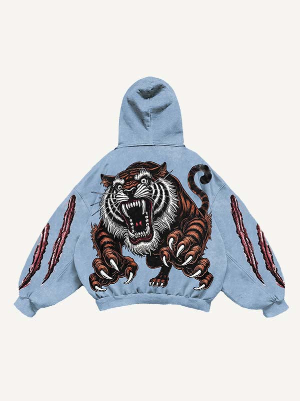 Claw Marks&Tiger&Letter Print Slant Pockets Hoodie
