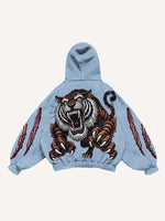 Claw Marks&Tiger&Letter Print Slant Pockets Hoodie