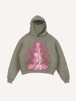 Distressed Washed Pink Fire Skeleton Print Slant Pockets Hoodie