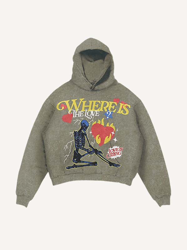 Distressed Washed Skeleton&Letter&Heart Print Slant Pockets Hoodie