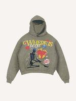 Distressed Washed Skeleton&Letter&Heart Print Slant Pockets Hoodie