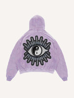 Distressed Washed Sun&Moon&Star&Eye Graphic Faux Decal Print Slant Pockets Hoodie