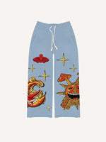 Evil Sun&Moon&Star&Cloud Faux Decal Print Elastic Waist Pants