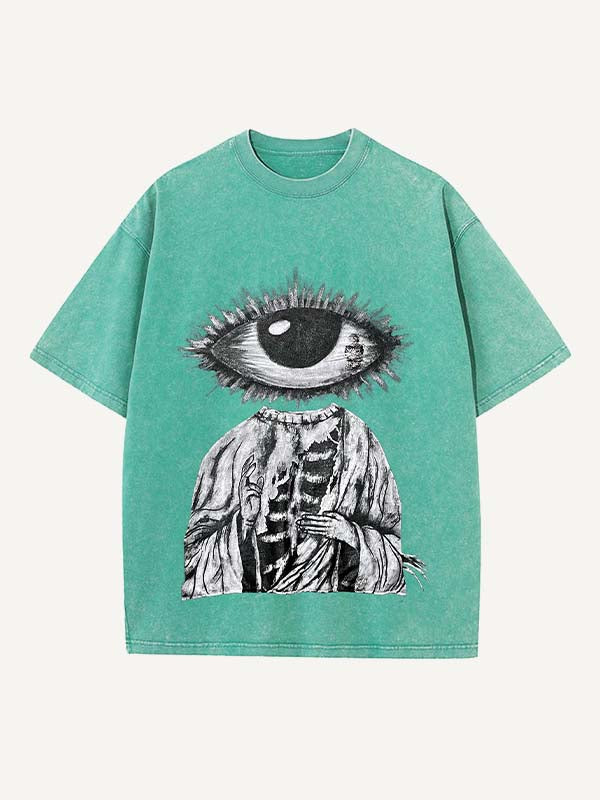 Distressed Washed Figure&Eye&Fire&Graphic Print Round Neck T-shirt