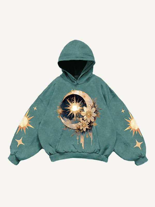 Moon&Sun&Star&Floral&Graphic Print Slant Pockets Hoodie