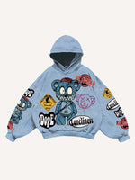 Bear&Graphic&Letter Faux Decal Print Slant Pockets Hoodie