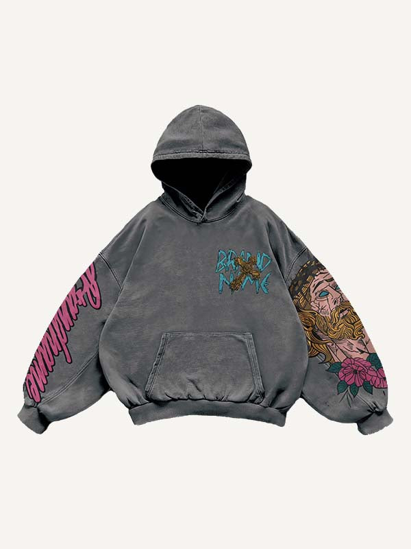 Figure&Letter&Cross Print Slant Pockets Hoodie