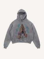 Distressed Washed Pray&Letter&Heart&Palm Print Slant Pockets Hoodie